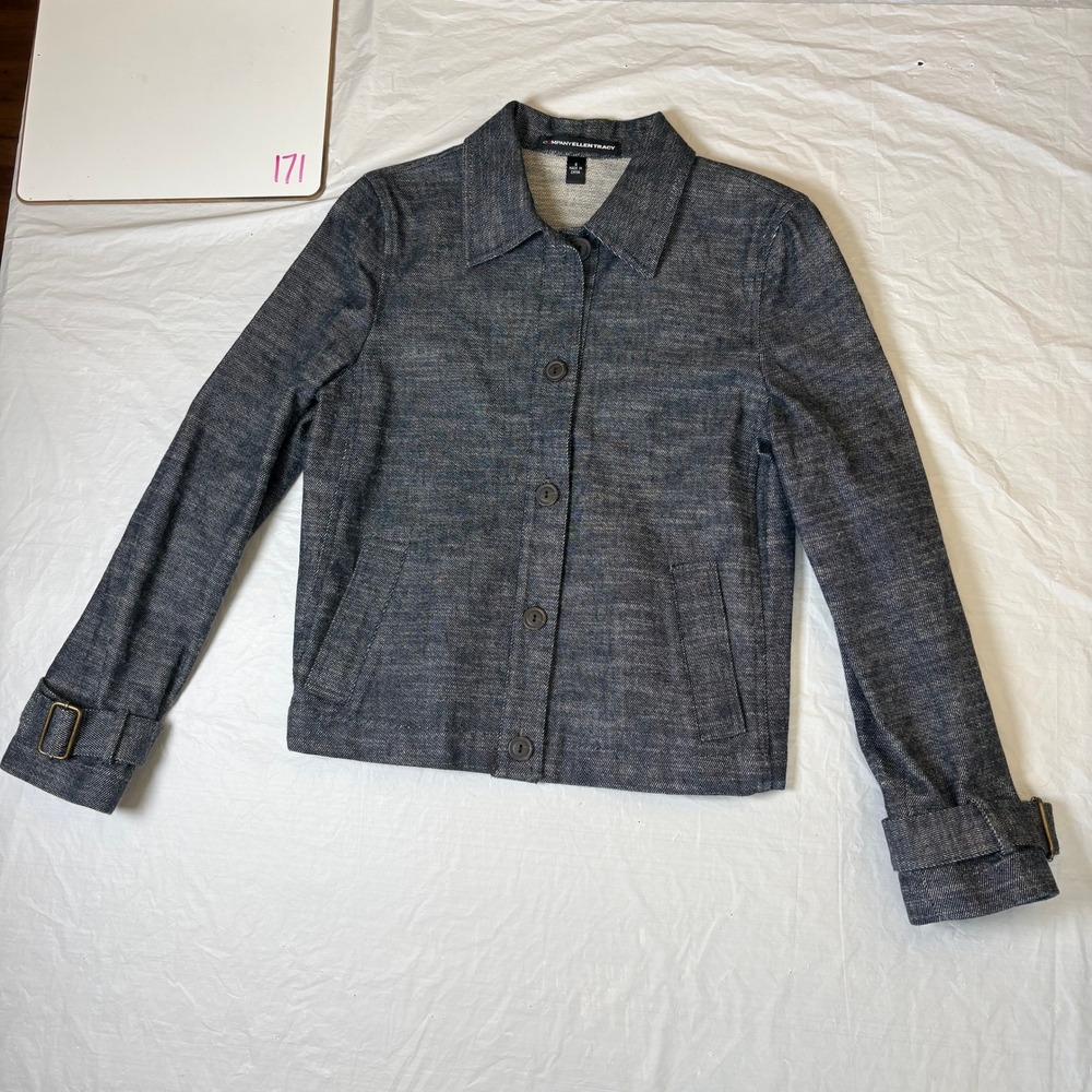 Ellen Tracy Womens Blue Cotton Textured Button Front Jacket Size 4 Blazer